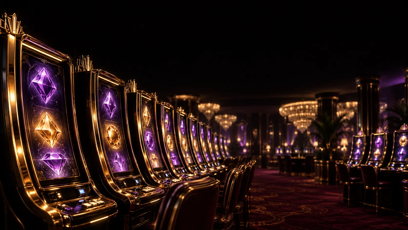 Row of glowing slot machine cabinets in dim casino bokeh