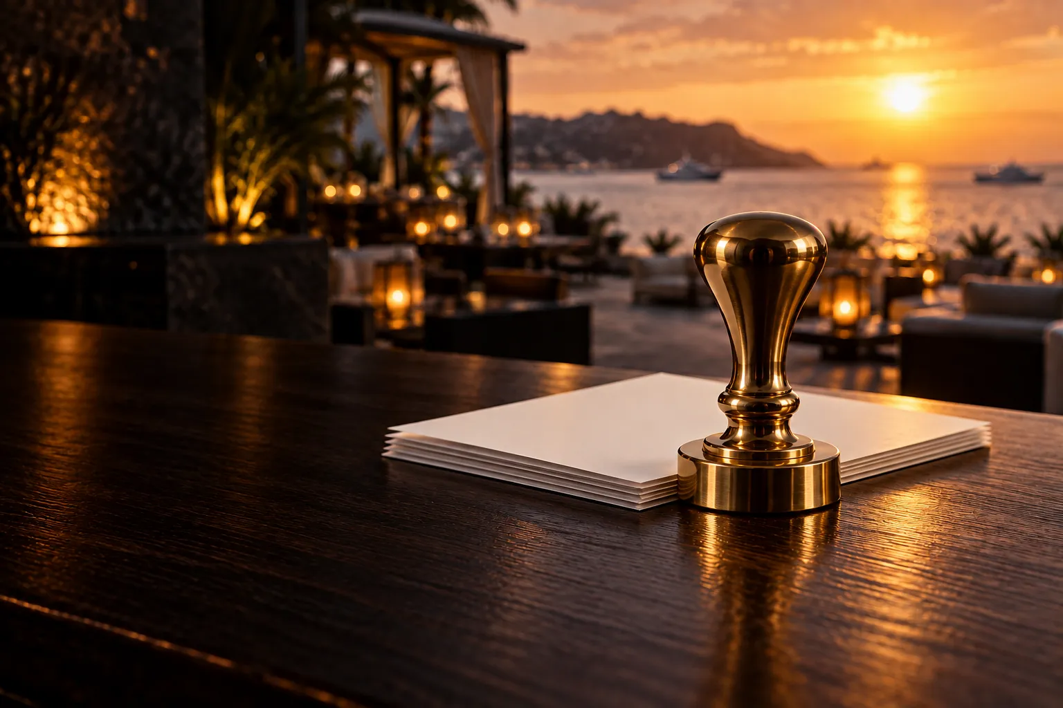 Brass desk stamp on a wooden desk at a beach club terrace during sunset