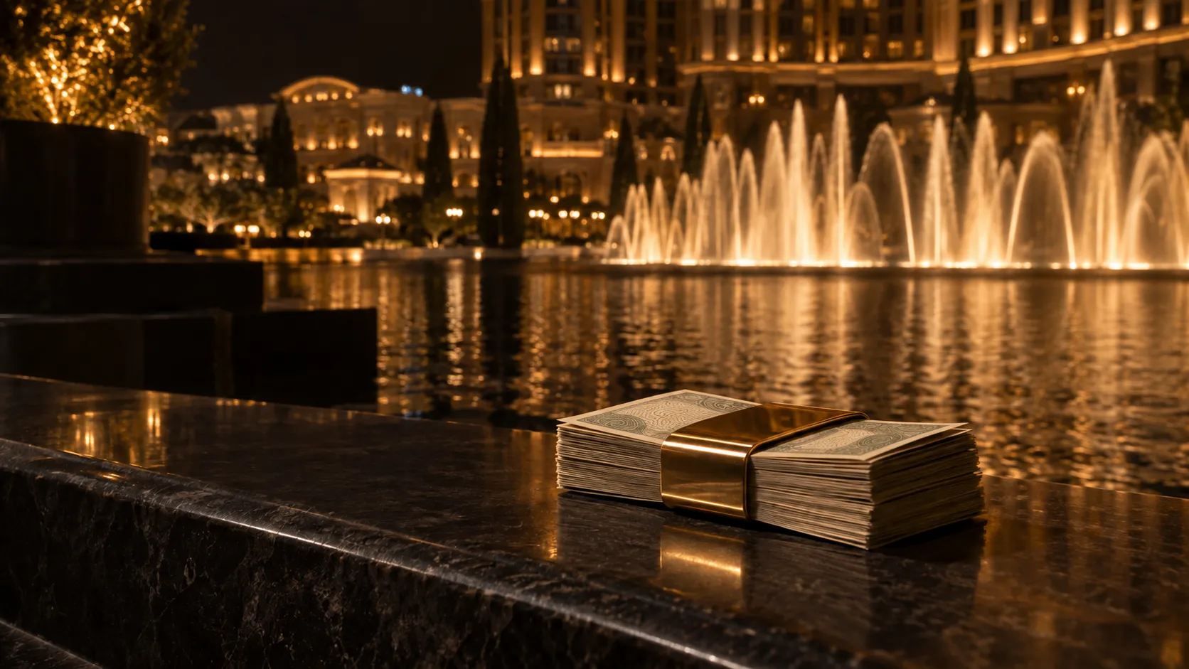 Stack of banknotes in a gold clip beside dancing fountains on a casino plaza