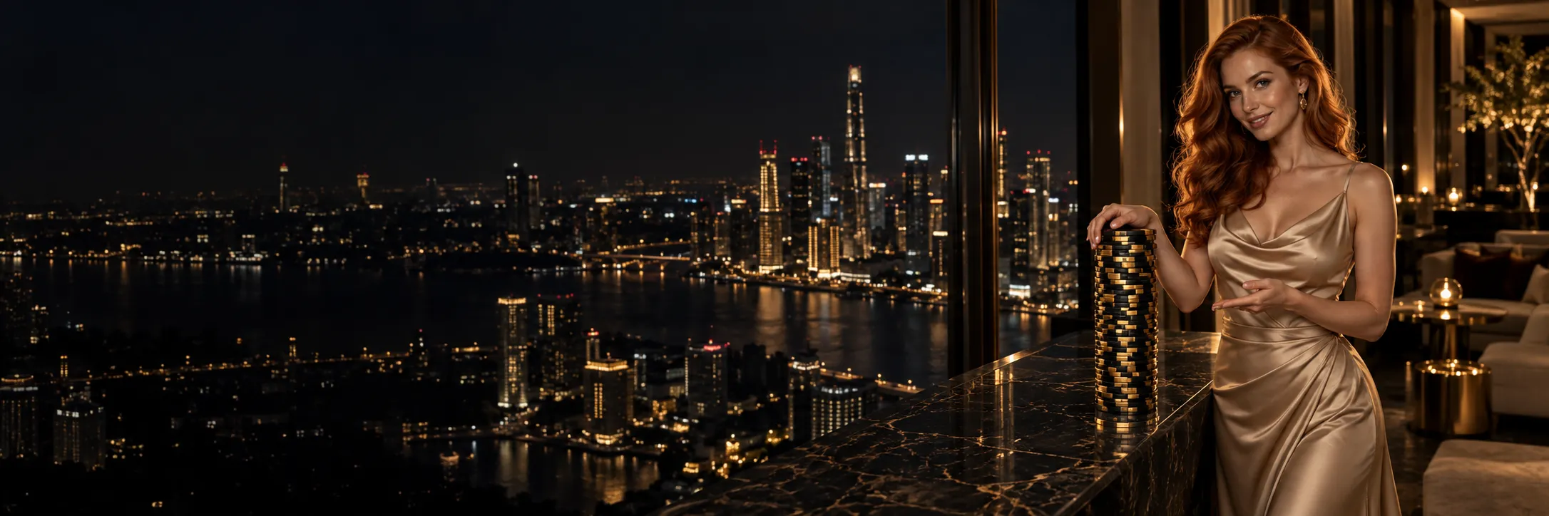 Woman standing beside a tall stack of casino chips in a penthouse suite overlooking a night skyline