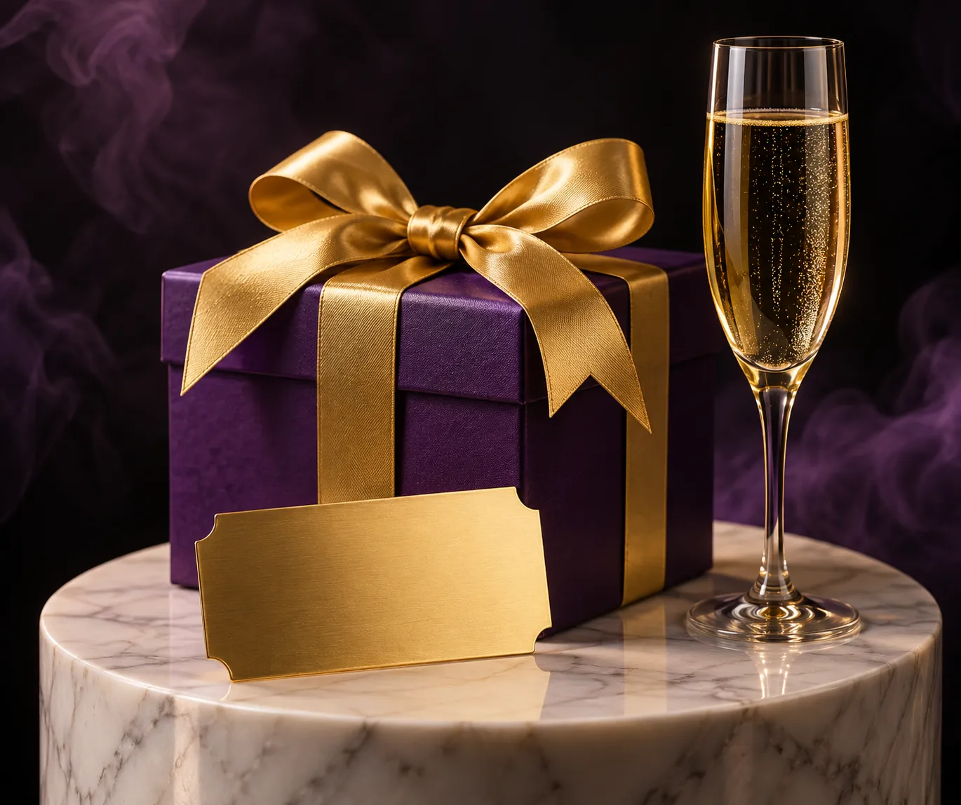 Pedestal display with a gift box and ticket, styled for the Here2Win Casino welcome package