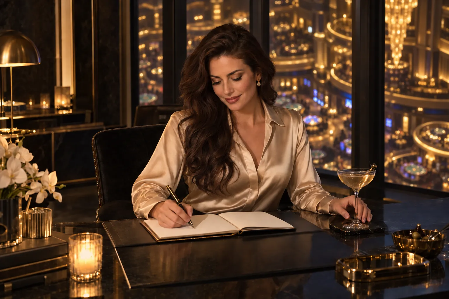 Author writing her casino guide at a sky bar desk overlooking the casino floor