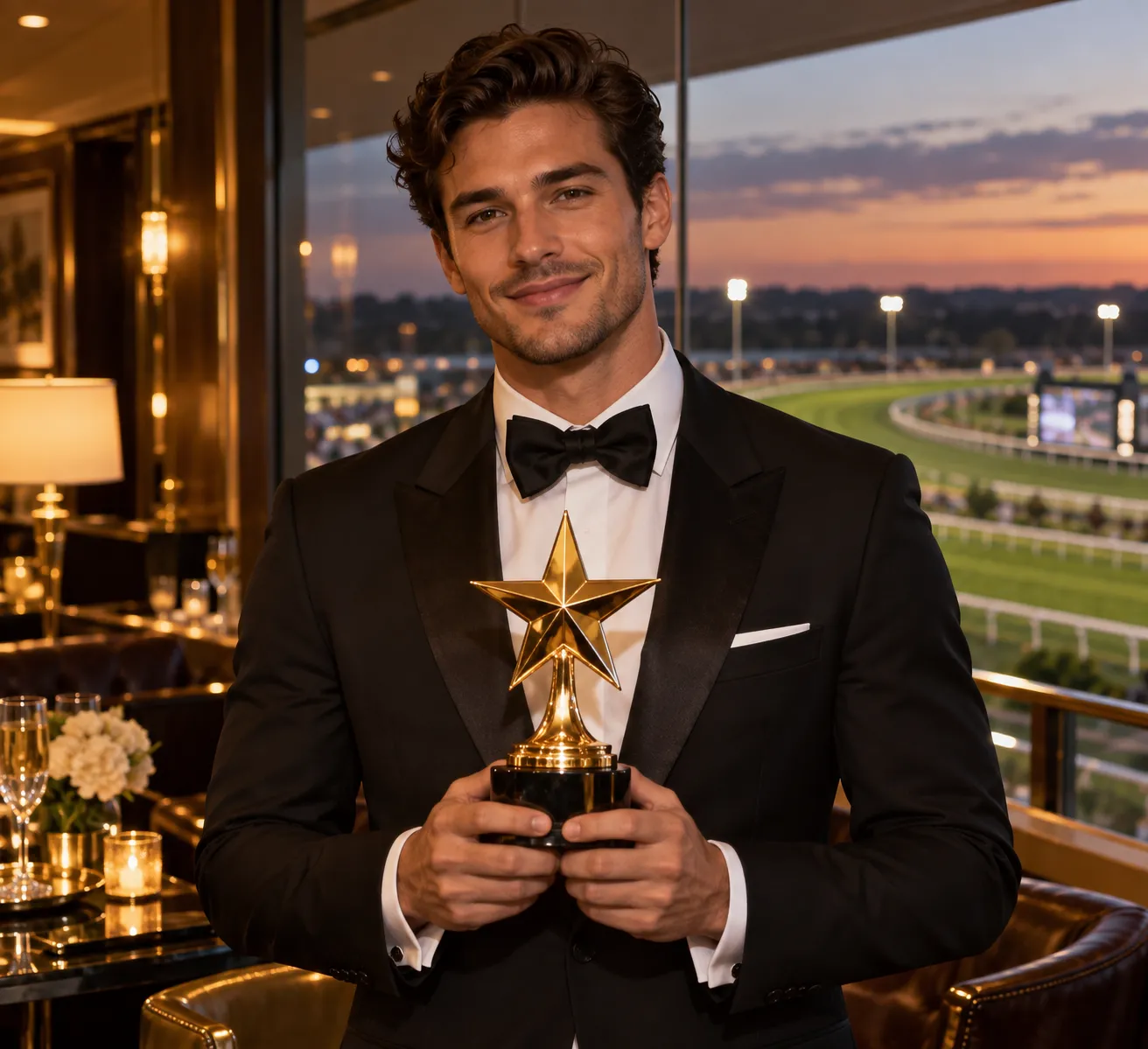 Man in a tuxedo holding a golden star trophy in an empty racecourse VIP box, standing in for this review's verdict on Here2Win Casino