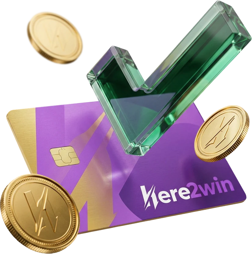 Here2Win-branded purple and gold bank card