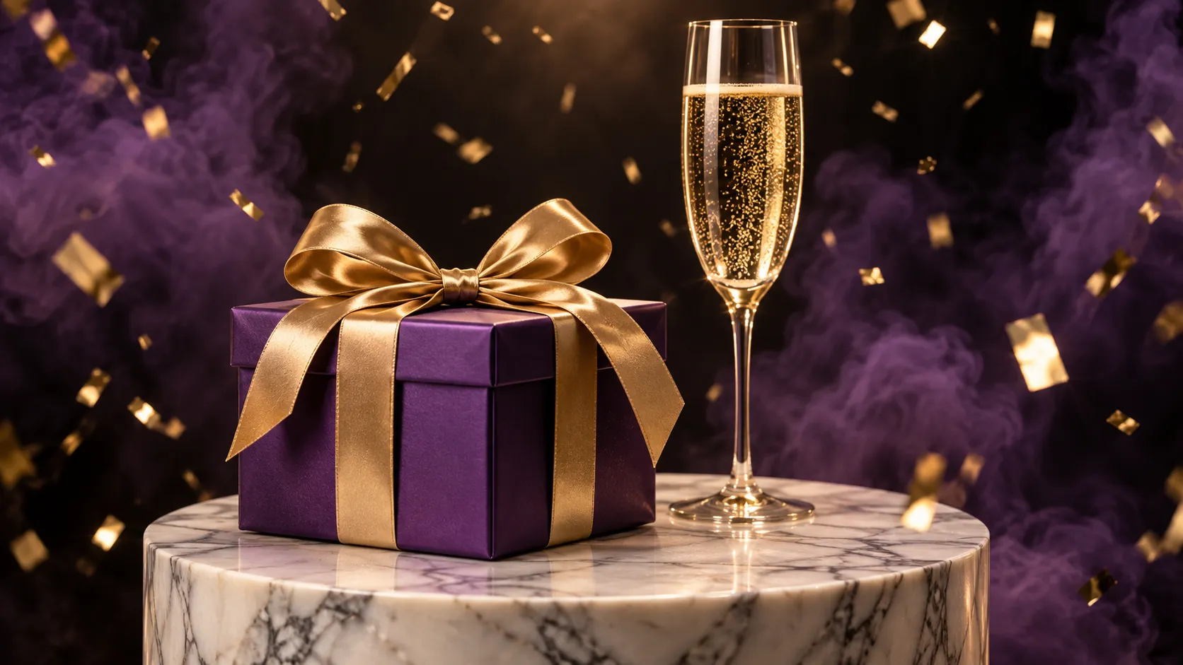 Gift box glowing under warm light, styled for the Here2Win Casino bonus offer