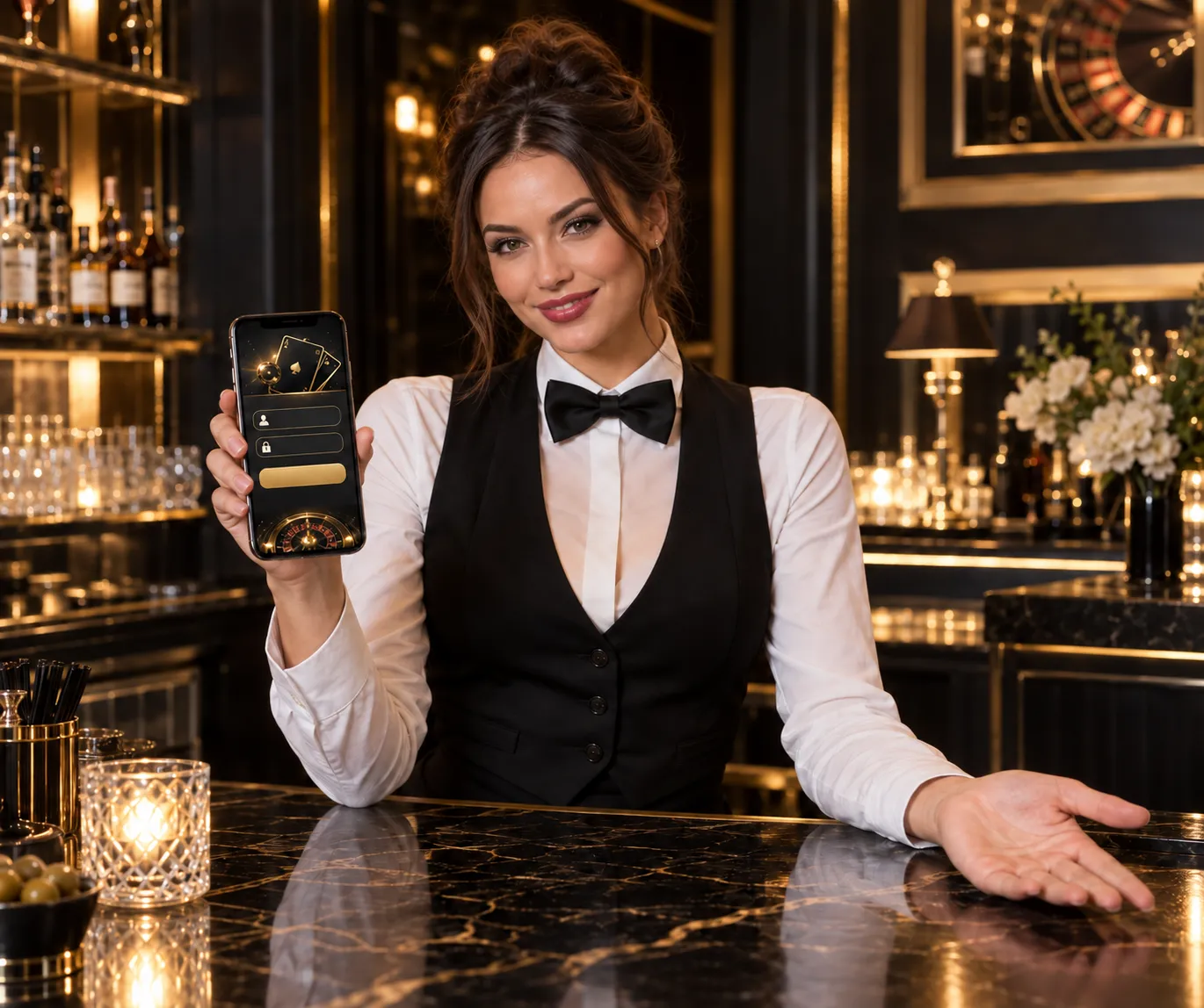Croupier holding a smartphone that shows a generic casino sign-in screen at a private bar, representing the Here2Win Casino login and sign-up process