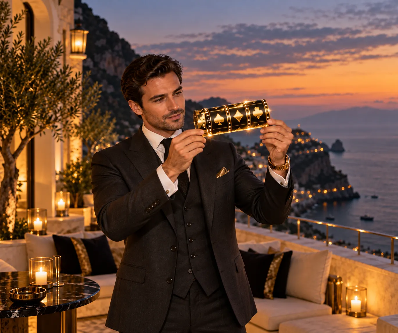 Man examining a spinning reel strip prop on a cliffside terrace at dusk, weighing up which pokie to play