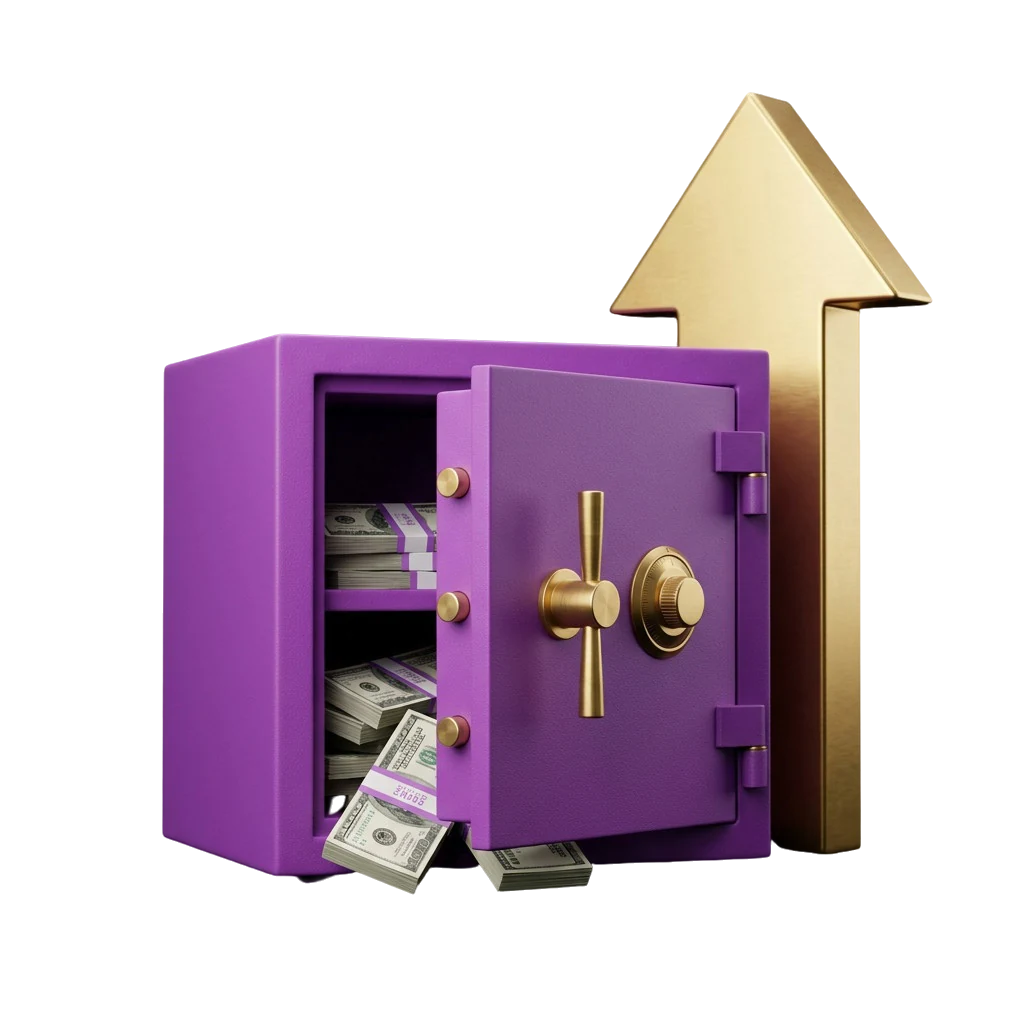 A gold-toned safe spilling banknotes, in keeping with Big Money Frenzy's luxury theme