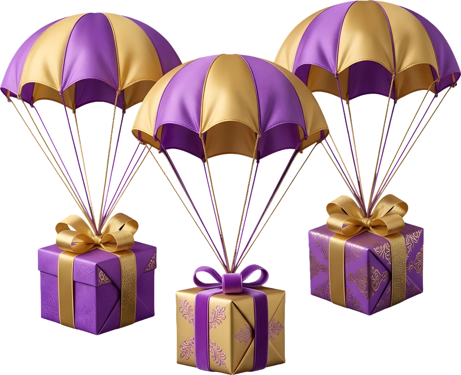 Three gift-wrapped boxes drifting down on purple-and-gold striped parachutes, echoing the feature-drop feel of a hold and win pokie