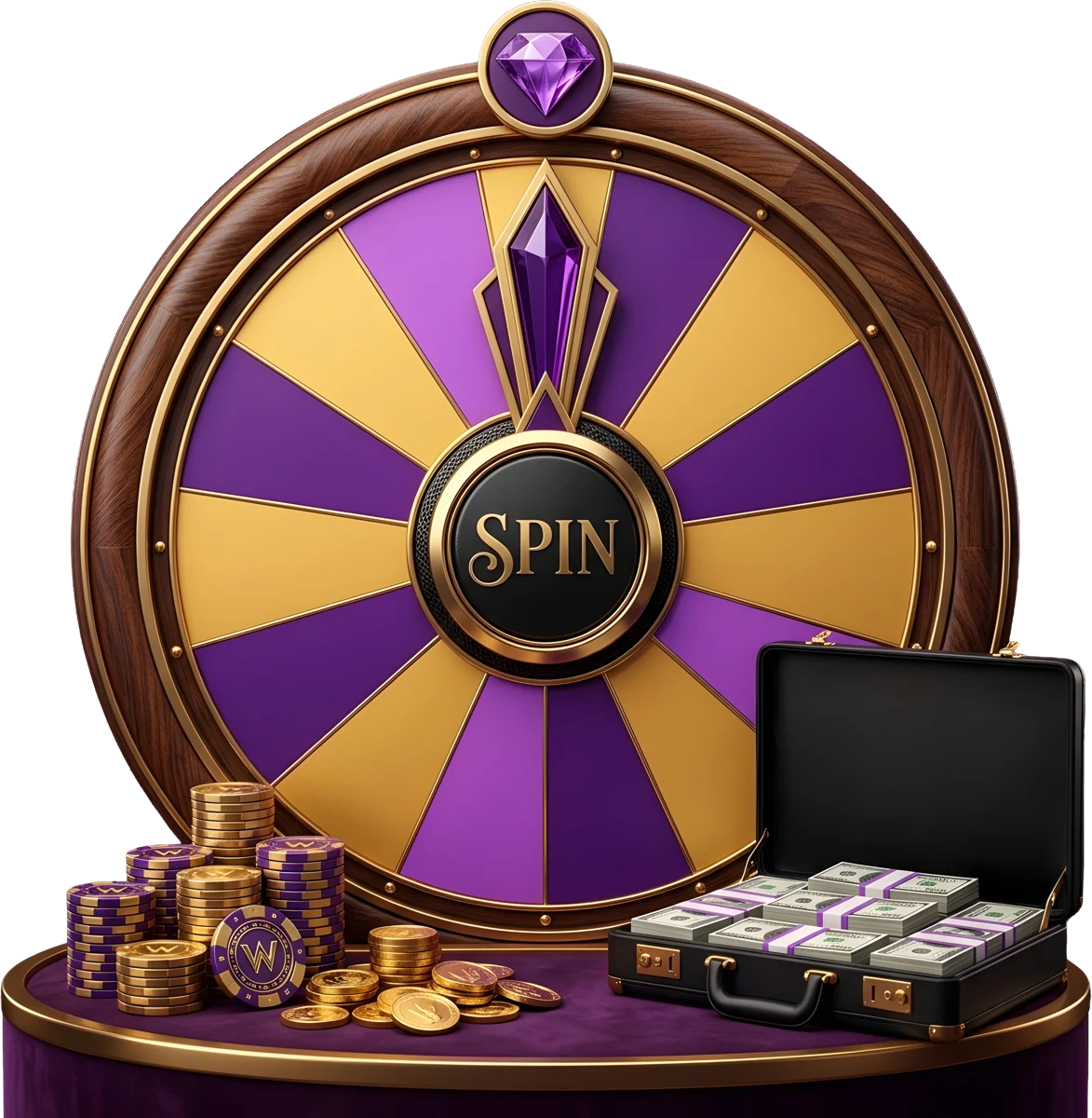 Prize wheel graphic representing the Here2Win Casino welcome offer