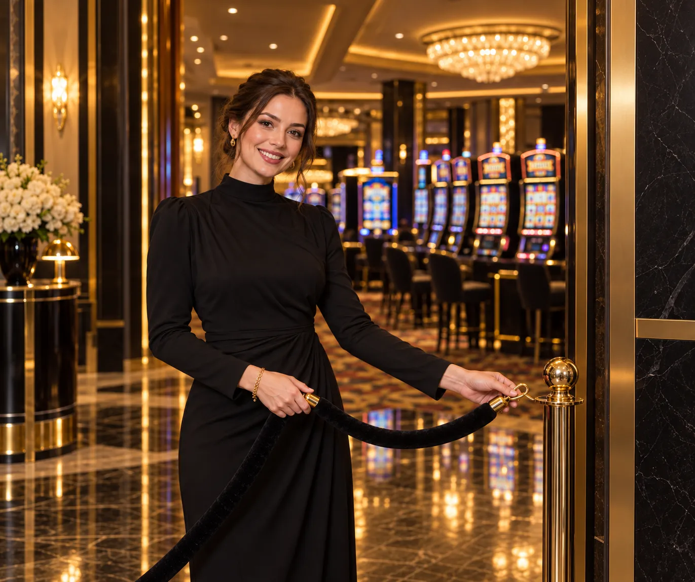 Hand unclipping a velvet rope at the entrance to a glowing slot machine floor