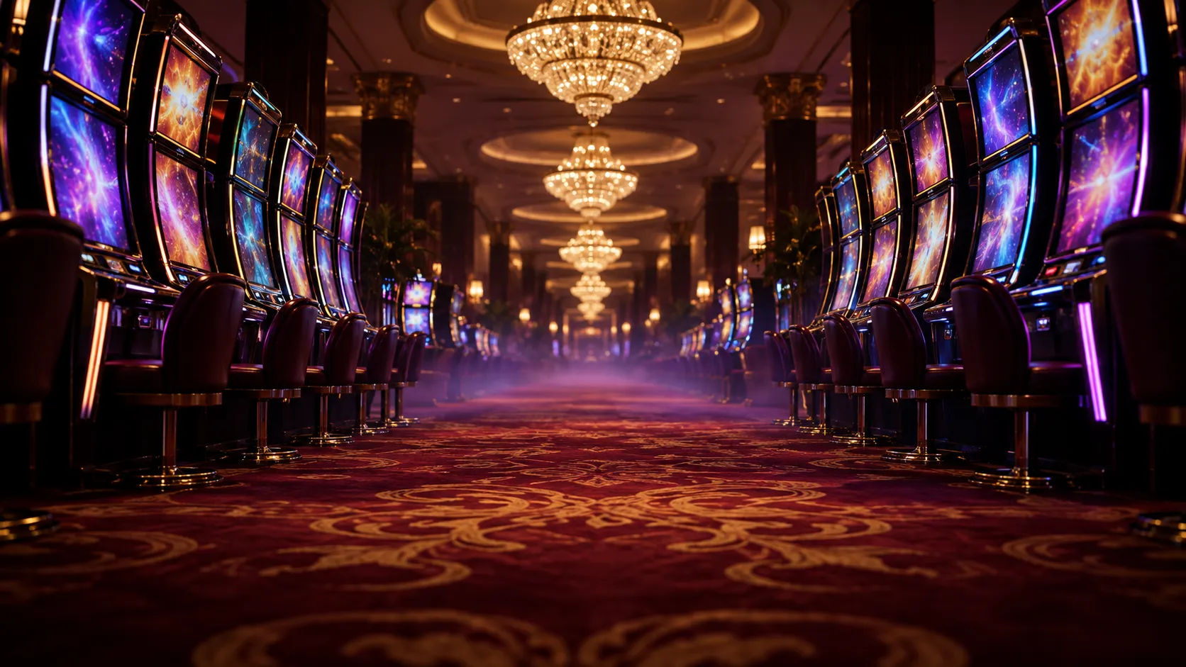 Empty luxury game hall lit and waiting for a night of pokies